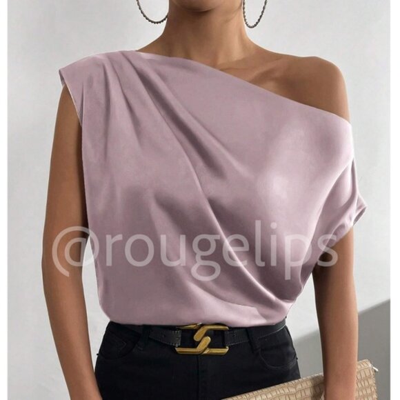 Mauve Purple Satin Draped Asymmetrical Blouse Top Off One Shoulder - Picture 1 of 13